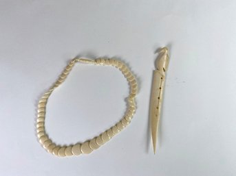 Vintage - Natural Material Graduated Disc Shape Necklace And African Bone Letter Opener