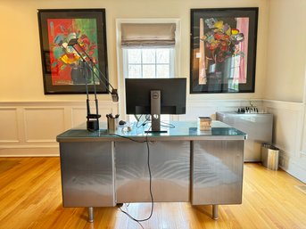 Mid Century Industrial Style Brushed Steel Desk With Glass Top