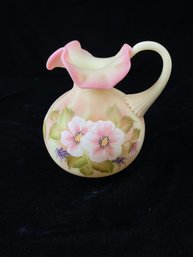 Fenton Art Glass Floral On Burmese Pitcher