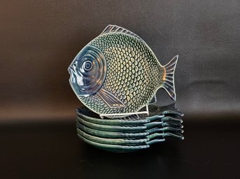 A Whimsical Set Of Majolica Fish Plates, Glazed Ceramic, Made In Portugal By Olfaire