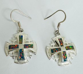 STERLING SILVER OPAL JERUSALEM CROSS DANGLE EARRINGS