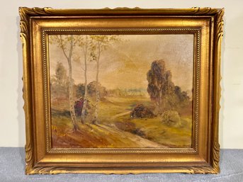 Vintage Signed Oil On Canvas Forest Scene - Note Canvas Wear Marks In Pics