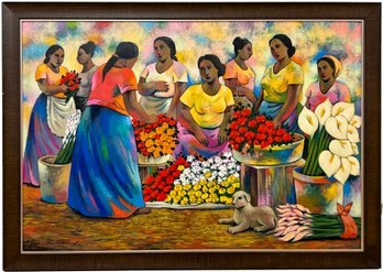 A Large Oil On Canvas, 'Vendedora De Flores,' By Julian Diaz Valverde Dival (Peru/Mexico, B. 1955)