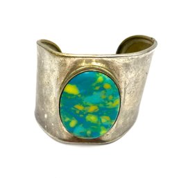 Vintage Lightweight Metal And Turquoise Speckled Oval Cuff Bracelet