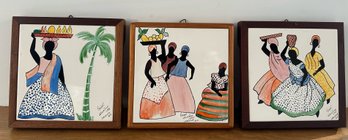 Festive Trio Of Painted Tiles From Ipanema, Rio 1983 Signed Izabel Christina