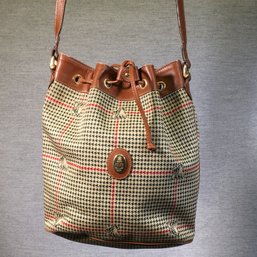 Very Nice Vintage MARK CROSS Houndstooth Pattern With Leather Trim Bucket Bag - Desirable MC Pattern !