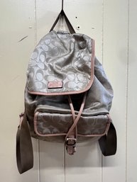 Coach Silky Backpack / Purse With Leather Trim And Drawstring With Flap Closure