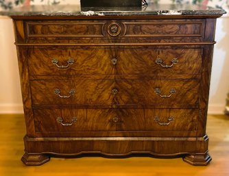 Antique English Burl Wood Chest Of Drawers With Marble Slab Top- Five Drawers Which Includes A 'Secret' Drawer