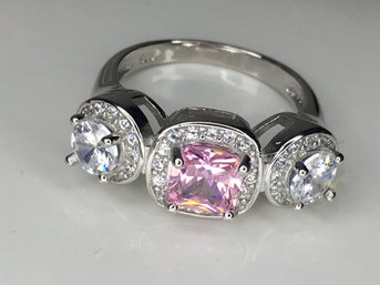 Incredible 925 / Sterling Silver Ring With Pink Tourmaline And Sparkling White Zircons Triple Stone Ring