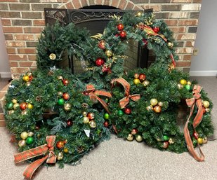 Seven Artificial Green Wreaths With String Lights