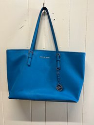 Michael Kors Turquoise Leather Tote Bag With Interior Zippered Pouch And Pockets