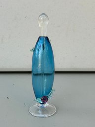 Vintage Lewis Olsen Hand-blown Art Glass Perfume Bottle Blue Adorned With Red Roses