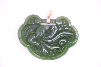 14k Gold Bail Chinese Carved  Dragon Spinach Jade Pendant