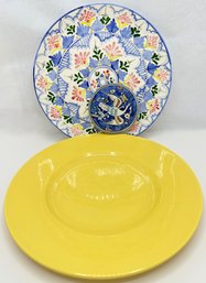 Large Hand Painted Platter Purchased In Spain, Yellow Platter & Trivet From Israel