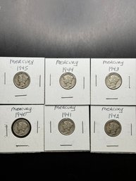 6 Mercury Dimes 1940, 1941, 1942, 1943, 1944, 1945