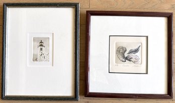 2 Original Etchings Of Lighthouse & Shells, Signed & Numbered