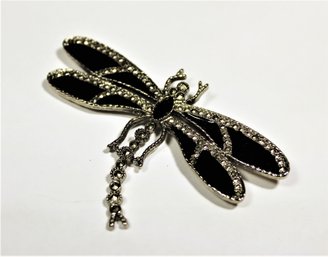 Contemporary Gold Tone Black Rhinestone Dragonfly Brooch