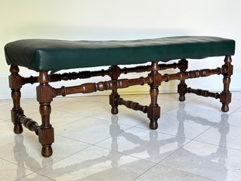 A Vintage Turned Oak Bench In Green Leather