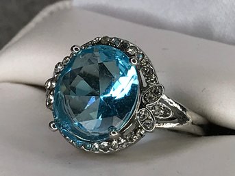 Very Pretty Sterling Silver / 925 Ring With Light Slate Blue Topaz Encircled With White Zircons - Very Pretty