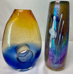 Handblown Art Glass Vases  - Blue & Yellow And An Iridescent (2)