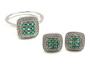 Set Of Emerald Green Square Earrings And Ring, Size 7