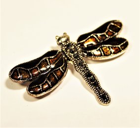 Vintage Silver Tone And Enamel Dragonfly Brooch