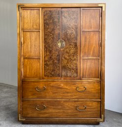 A Vintage Mid Century Modern Burl Wood Gentleman's Chest In Campaign Style By Thomasville