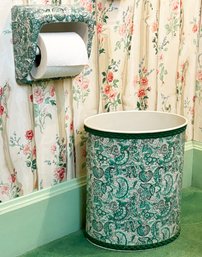 Vintage Bath Accessories - Tole Wastebasket And Handpainted Porcelain Toilet Paper Holder