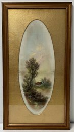 Antique Framed Pastel Painting - William Henry Chandler - Charming Cottage - Trees - Oval Gold Matte - 14 X 26