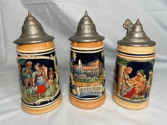 3 German Beer Steins With Lids 7in No Chips