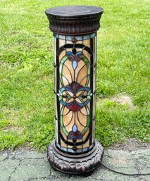 A Large Vintage Stained Glass And Bronze Torchiere