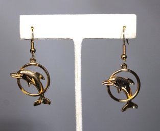 Vintage 1980s Gold Tone Pierced Earrings Dolphins Jumping Through Rings