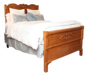 Connecticut Antique Oak Queen Size Bed With Scallop Headboard With Large Carved Scrollwork In Relief & Incised