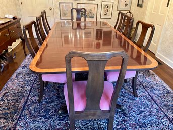 Restored Kittinger Double Pedestal Cross Banded Mahogany Dining Table & Eight Chairs