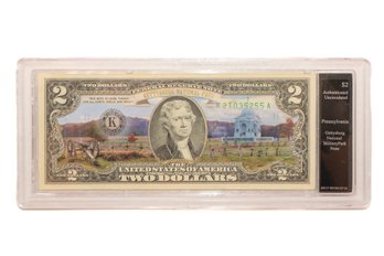 Authenticated Uncirculated PA $2 Bill Gettysburg National Military Park Note - In Sealed Acrylic Cas