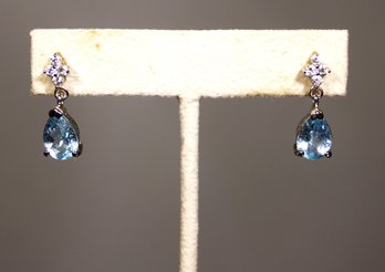 Fine Sterling Silver Pierced Drop Earrings Blue And White Stones