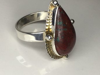 Very Pretty Vintage 925 / Sterling Silver Ring With Teardrop Jasper - Very Pretty - Nice Gift Item ! WOW !