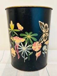 Vintage Trash Can, Black With Floral Design & Butterflies