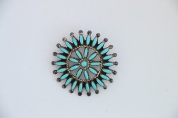 Vintage Sterling Silver Petit Point Zuni Turquoise Pendant Brooch