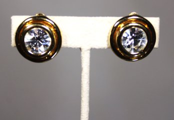 Pair Signed CINER Gold Tone And White Rhinestone Clip Earrings