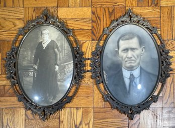 A Pair Of Large Antique Photographs In Bronze Frames With Curved Glass