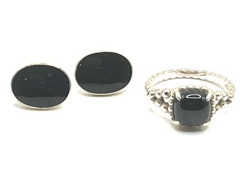 Vintage Lot Of Sterling Silver Onyx Oval Earrings And Ring, Size 6