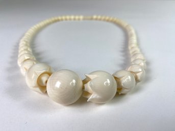 Vintage- Graduated Natural Material Beaded Necklace With Fruit Or Flower Blossom Accent Beads