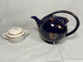 Hall 0443 Cobalt Blue Teapot USA And J&C Bavaria White With Gold Trim Porcelain Sugar Dish