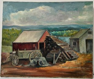 Vintage Oil On Canvas Painting - Rustic Farm Scene - Logs Cart Out Buildings - Unsigned - 20 X 24