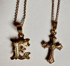 2 14 Karat Gold Necklaces: Letter E & Cross