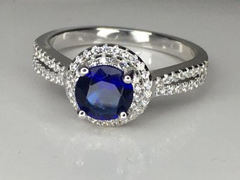 Fabulous Sterling Silver / 925 Ring With Intense Sapphire Encircled And Channel Set White Zircons - NICE !