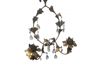 Vintage Brass Botanical Candelabra Wall Sconce With Crystal Teardrops