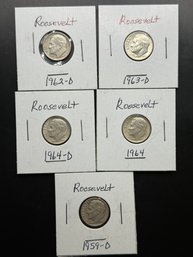 5 Roosevelt Dimes 1959-D, 1962-D, 1963-D, 1964, 1964-D