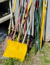 Lot Of Long Handled Garden Tools And Stakes, Etc.